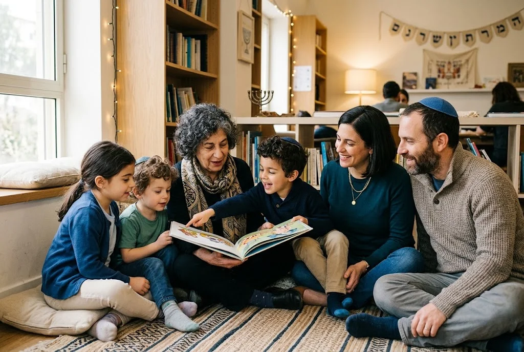 Three children and three adults sharing a picture book in a cozy community reading room.