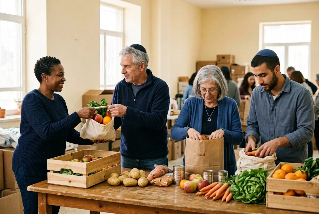Adults of different generations packing fresh groceries together at a community center.